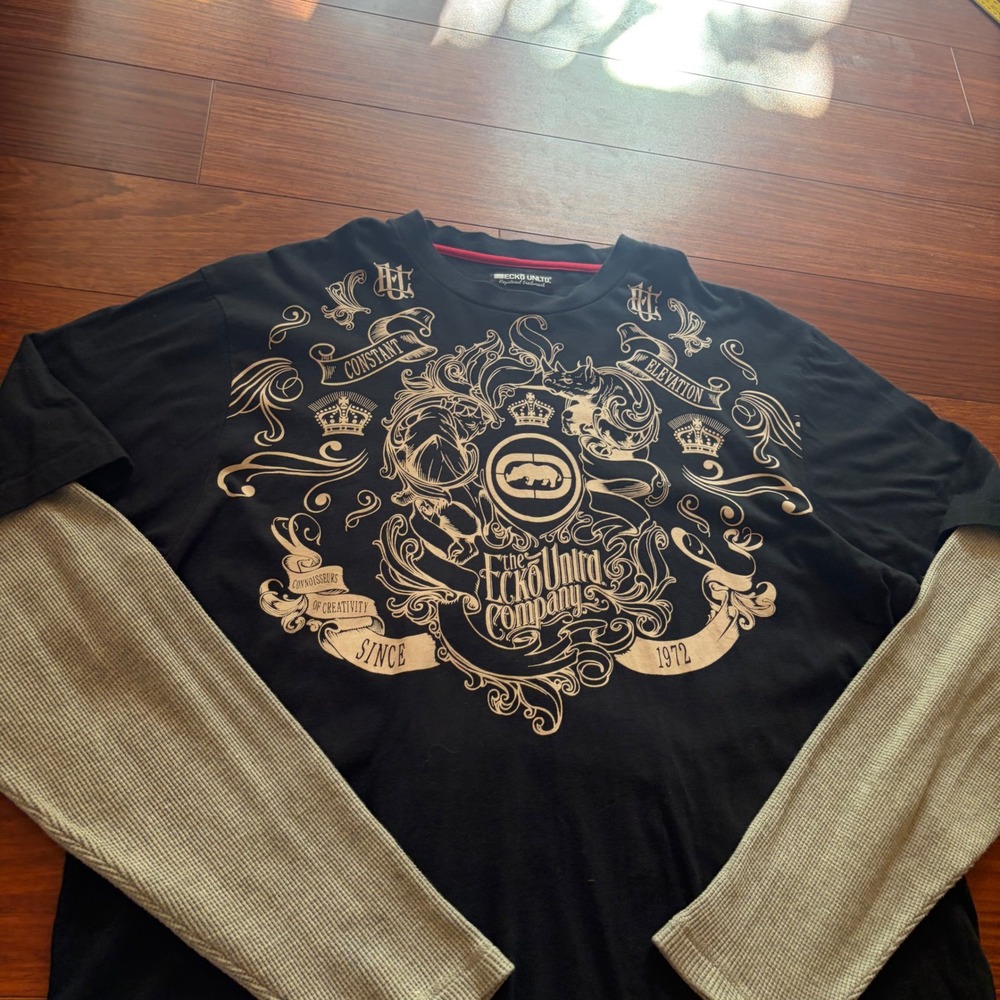 Ecko Unltd Vintage Y2K Double Layer Graphic T-Shirt Black Baggy XXL Streetwear